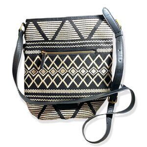 Lucky Brand Woven Ivory Black Crossbody Bag Tribal Aztec Design Adjustable Strap